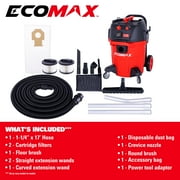 Ecomax 12 Gallon 6.5 HP OSHA-Compliant Wet/Dry Vacuum with Dual Self-Cleaning HEPA Filters, Airflow Alarm, and Accessories