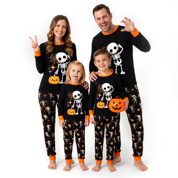 NIPAXO Family Matching Halloween Pajamas Set - Spooky Cute Skeleton & Pumpkin Graphic Long Sleeve Sleepwear for Adults, Kids & Toddlers