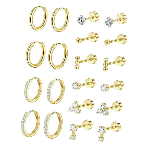 Juegos de aretes,Conjuntos de aretes para mujeres con múltiples perforaciones para niñas,Pendientes de aro con forma de botón,aretes con parte trasera plana,Pendientes apilados de acero Oro