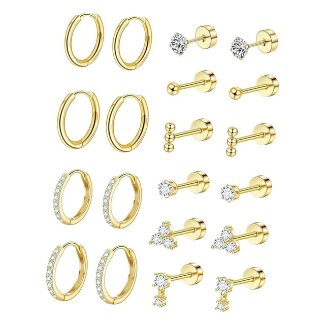Juegos de aretes,Conjuntos de aretes para mujeres con múltiples perforaciones para niñas,Pendientes de aro con forma de botón,aretes con parte trasera plana,Pendientes apilados de acero Oro