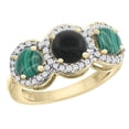 thumbnail image 1 of 14K Yellow Gold Natural Black Onyx & Malachite Sides Round 3-stone Ring Diamond Accents, size 6.5, 1 of 2