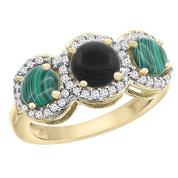 14K Yellow Gold Natural Black Onyx & Malachite Sides Round 3-stone Ring Diamond Accents, size 6.5