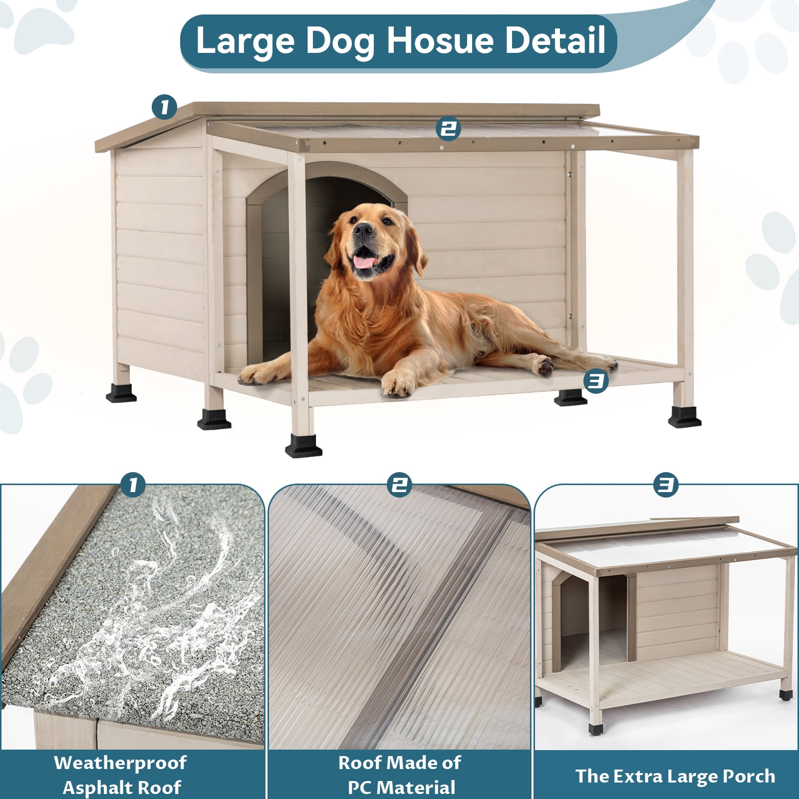 Petsfit Cabin Style Dog House with PVC/Asphalt Roof, Off-White