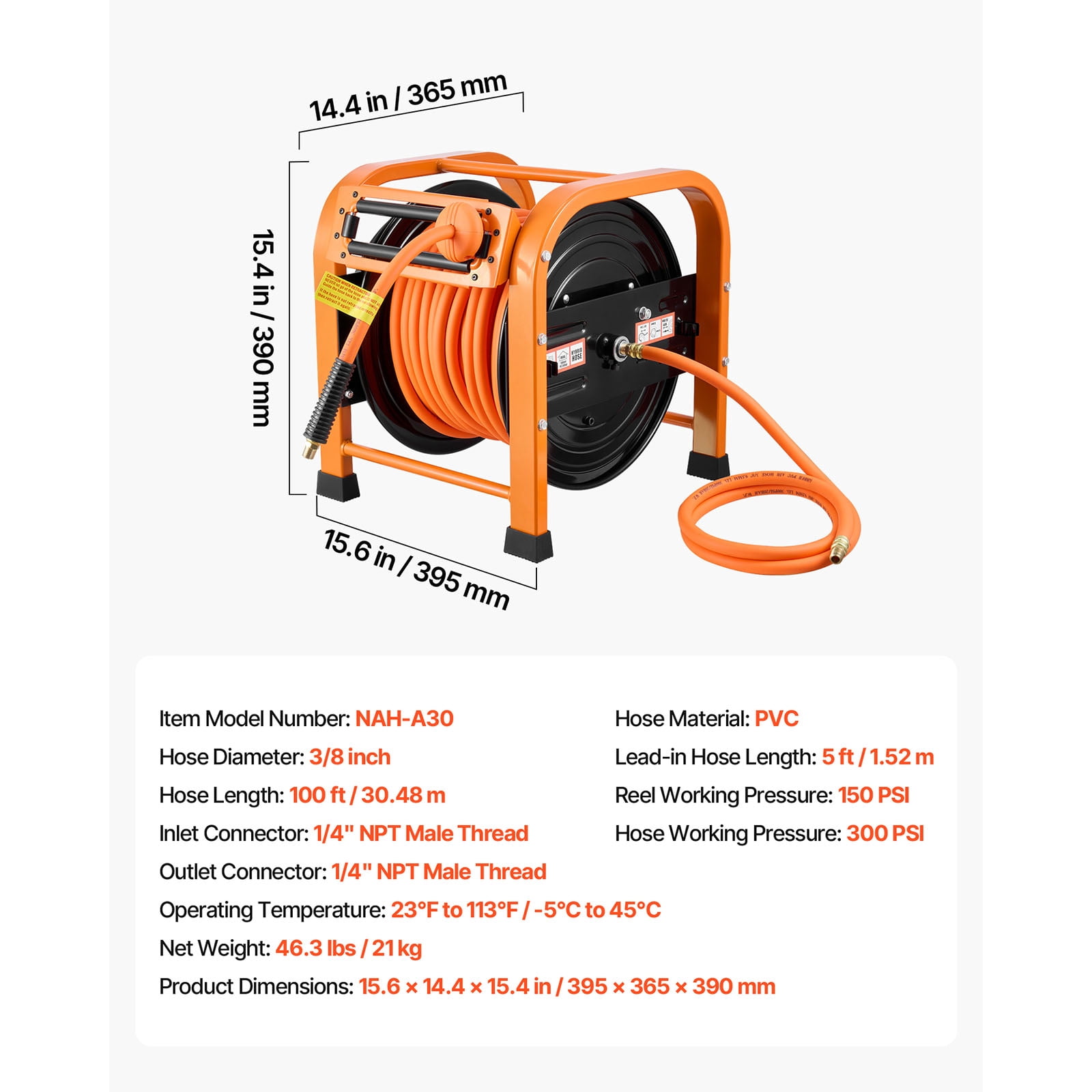KFFKFF Retractable Air Hose Reel, 3/8 Inch x 100 FT PVC Air Hose, 300 PSI Max, Automatic Rewind with 5 ft Lead-In, Durable Steel Frame for Garages and Workshops