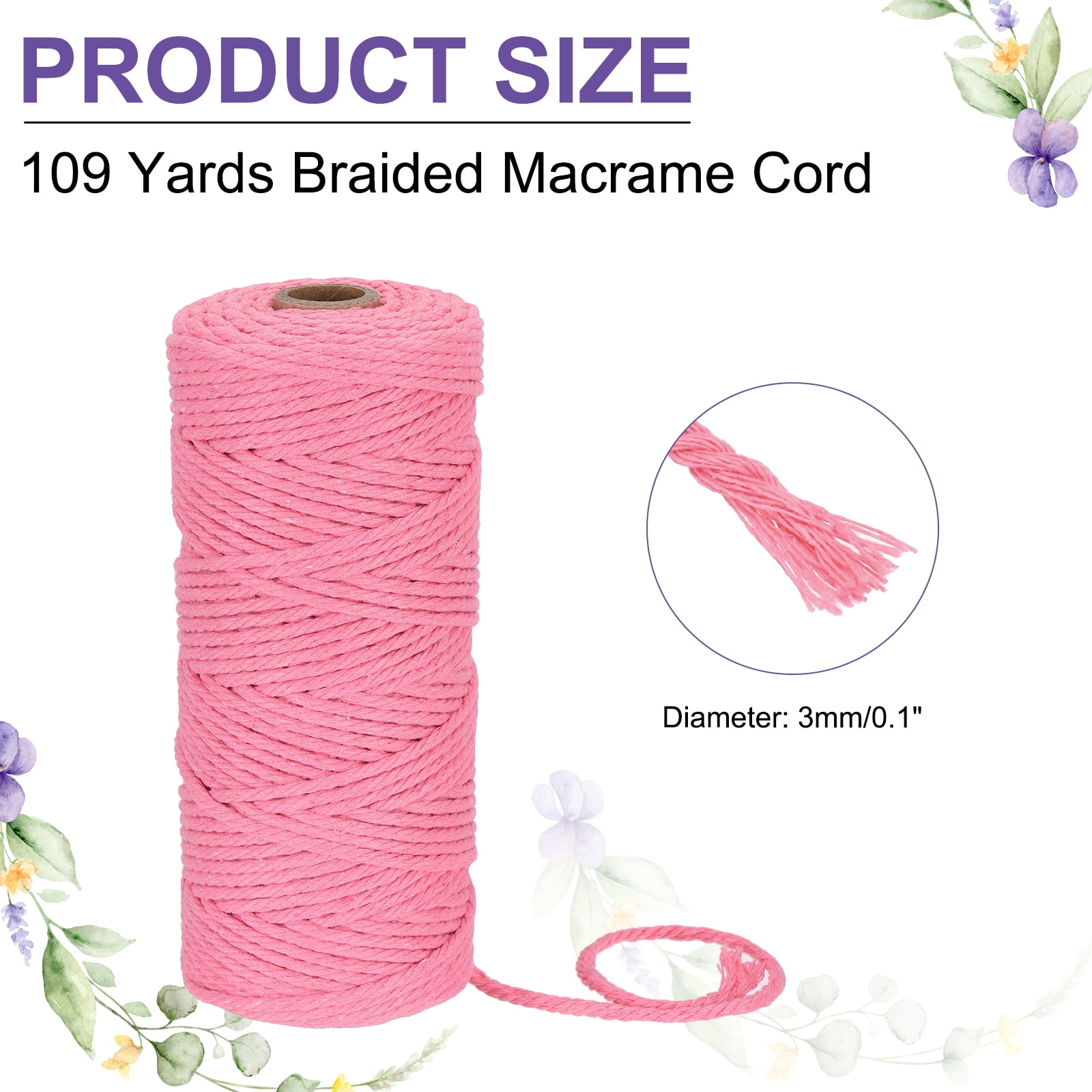Braided Macrame Cord, 3mm x 109 Yards Natural Cotton Rope Macrame Yarn Bohemia Craft String with Scissors(Dark Pink)