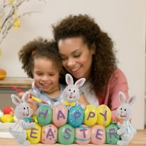 Easter Bunny Holding Eggs and Happy Desktop Decorations, Resin Easter Bunny Rabbits Figurine Tabletop Centerpiece for Spring Decor Easter Home Office Party Decor