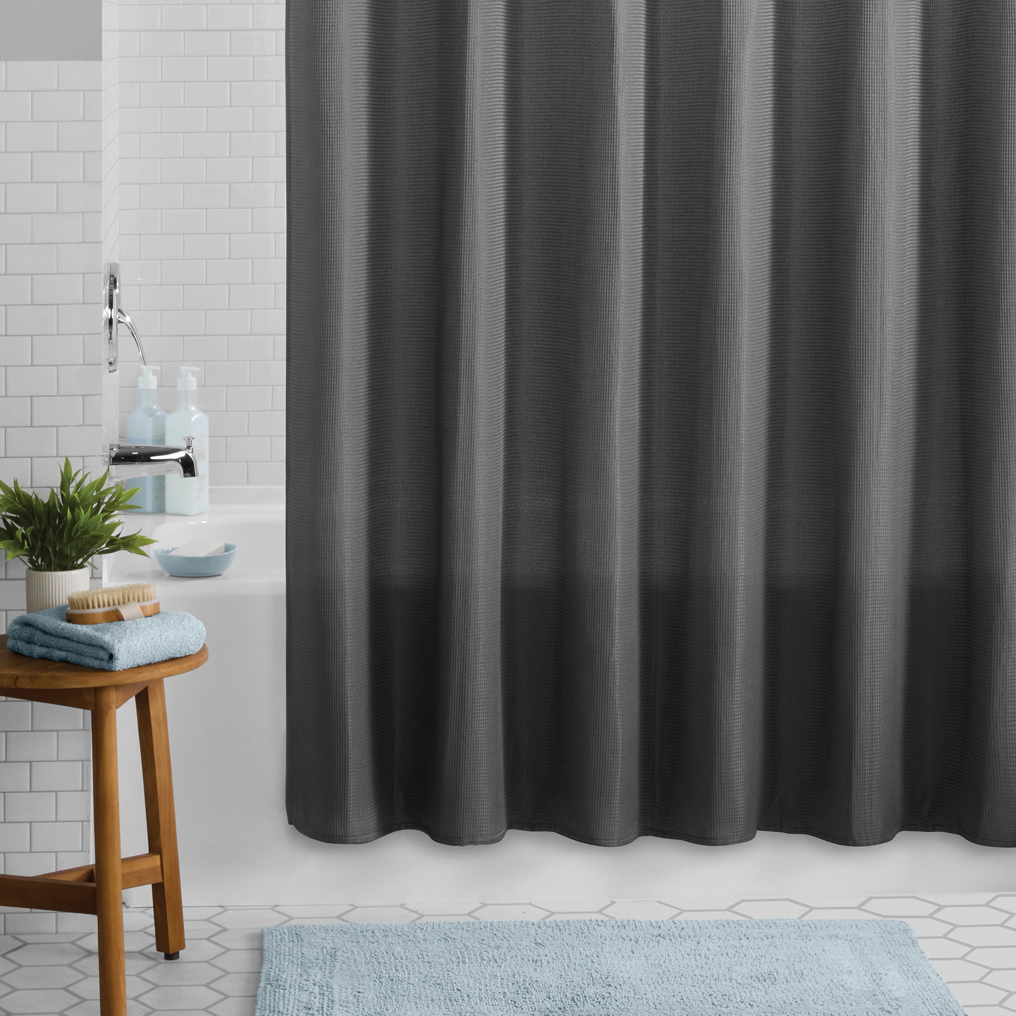 Mainstays Waffle-Weave Fabric Shower Curtain, Cotton Blend with 20% Recycled Polyester, 72 in x 72 in, Gray