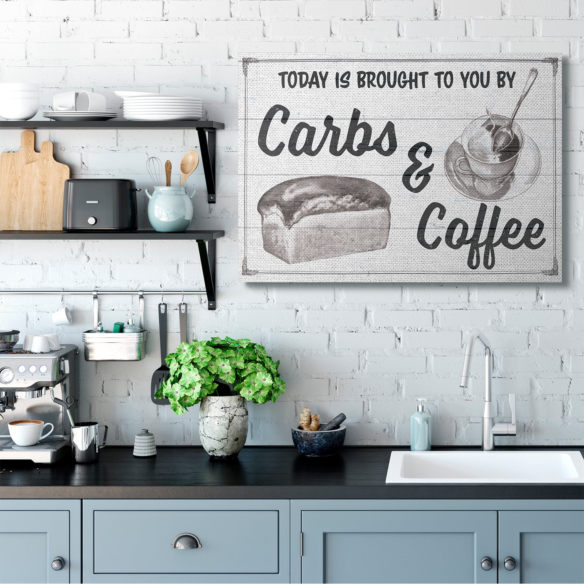 Stupell Home Décor Carbs and Coffee Kitchen Humor Rustic Word Design Canvas Wall Art by the Saturday Evening Post