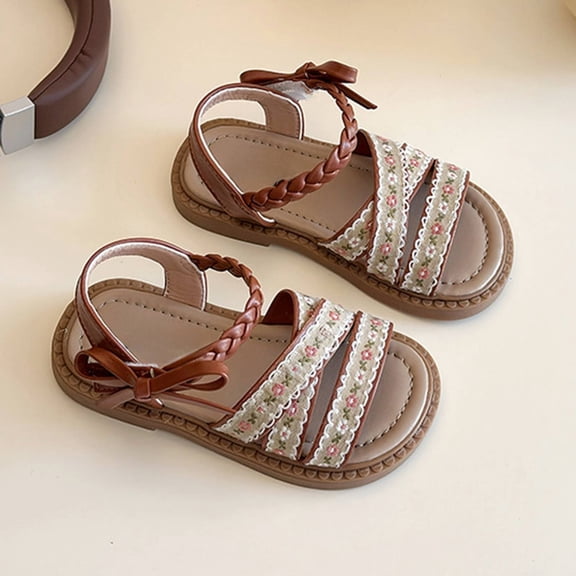 Girls Open Toe Sandals, Floral Embroidered Strap With Bow Detail Soft Sole Summer Shoes For Toddler And Kids Brown Size 3.5-4 Years