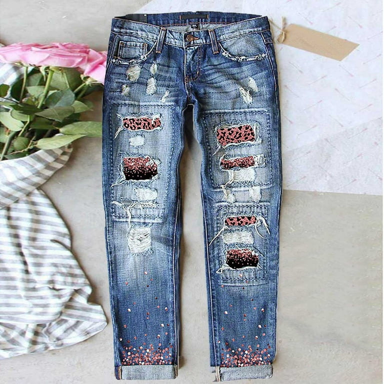 Deagia Tummy Control Jeans Womens Stretch Jeans Fashion Women's High Waist  Pocket Printing Wide Leg Flared Skinny Button Trousers L 