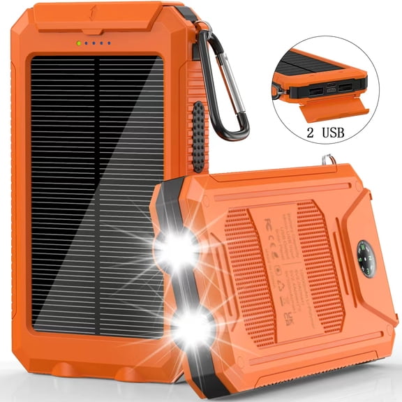 Solar Power Bank 10000mAh, Waterproof Portable Charger with Dual USB Ports, LED Flashlight & Compass for Outdoor Camping