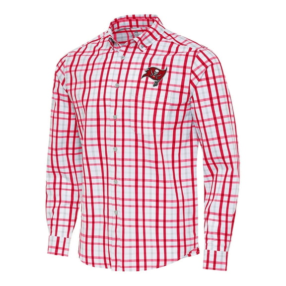 Men's Antigua Red/Gray Tampa Bay Buccaneers Tending Woven Tri-Blend Long Sleeve Button-Down Shirt