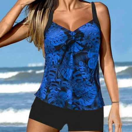 Rigardu Hot Sale!! Women s Bathing Suits Swimsuits Tankini Sets for Two Piece Blouson Tank Top with Boyshorts Beachwear Causal Soft Bikini Suit Blue M