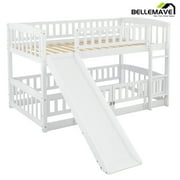 Bellemave Twin over Twin Bunk Bed , Floor Bunk Bed with Slide, Ldder, Door Openable Fence, Wooden Bunk Bed (White)