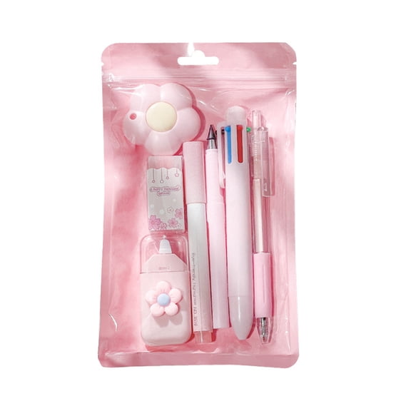 7-Piece Stationery Set with Gel Pen, Highlighter, Correction Tape, Eraser and Multi-Color Pen, Portable Writing Supplies Kit for Home, Office and Journaling