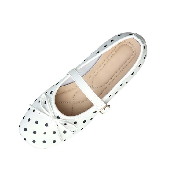 SuTry Women's Square Toe Mary Jane Flats Polka Dot Bow Detail Adjustable Buckle Strap Comfortable Soft Satin Casual Walking Shoes(43)