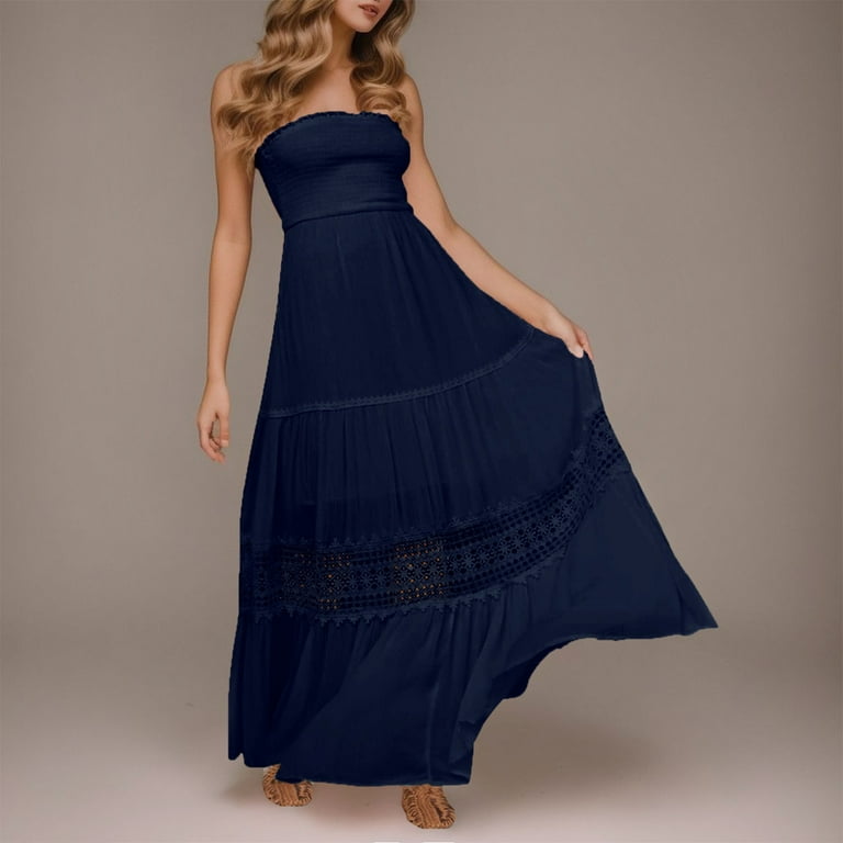 Fshinging Elegant Dresses For Women Bohemian Strapless Off Shoulder Lace  Trim Backless Flowy A Line Beach Long Maxi Prom Dress - Walmart.com