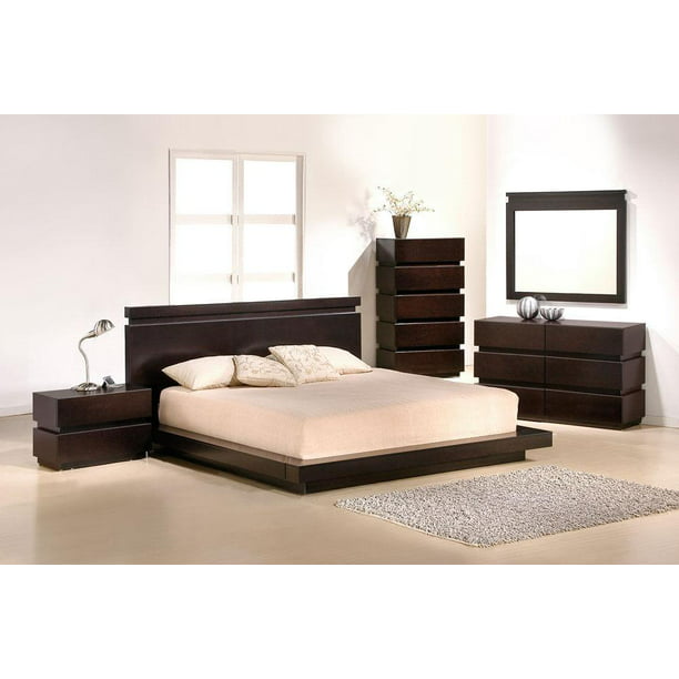 Modern Brown Lacquer Finish King Size, Contemporary King Size Bed Sets
