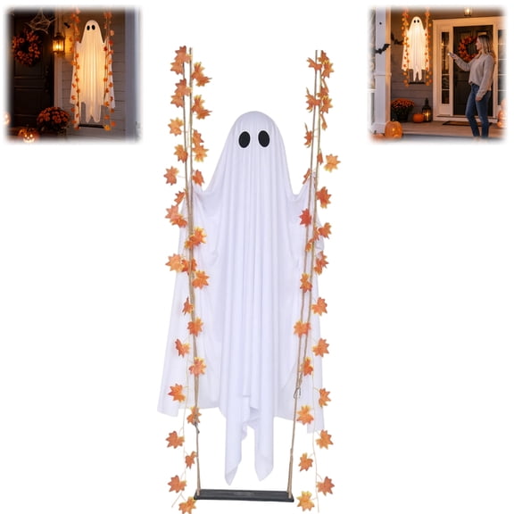 70.9 Inch Halloween Hanging Maple Leaf Vine Swing Decoration with Light String and Remote, Fall Autumn Hanging Ornament for Indoor Porch Tree Halloween Party Decor (A)