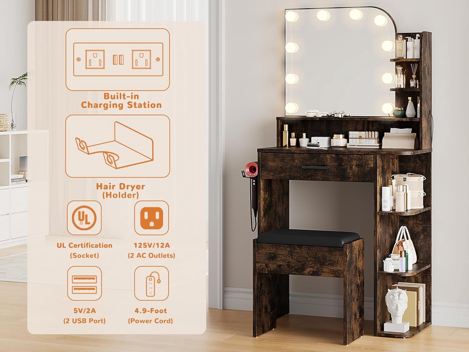 Akaber Vanity Set with Mirror and Lights, Small Makeup Vanity Desk with Stool, Charging Station, Vanity for Small Spaces