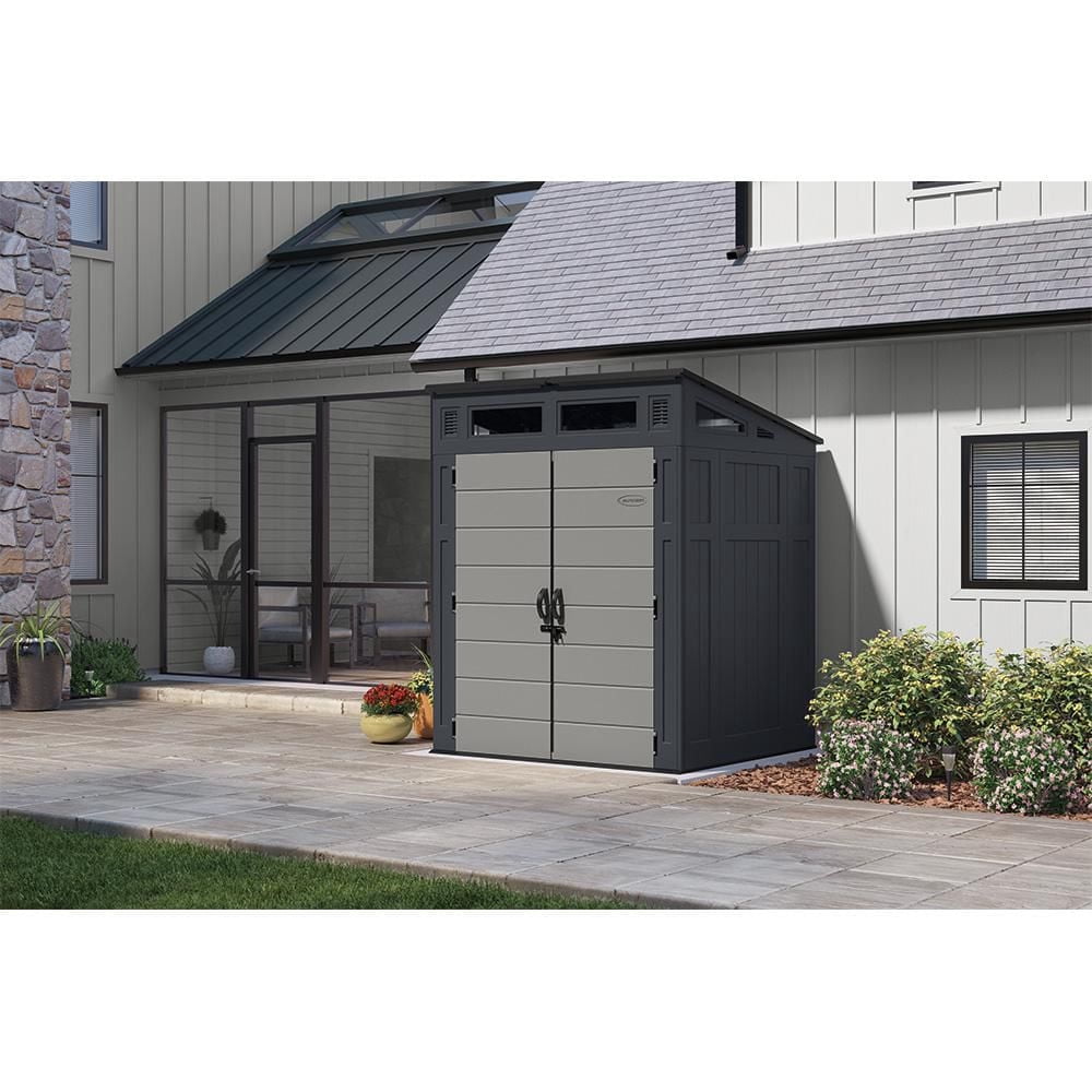 Suncast 6 x 5 ft Modernist Resin Storage Shed – Steel-Reinforced Outdoor Structure with 200 Cu. ft. Capacity - Cyberspace/Dove Gray