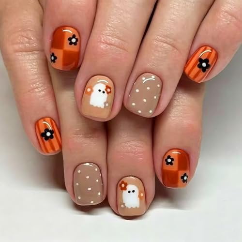 Halloween Press Nails Short Square Nails Polka Dot Brown False Nails Fall Stick Nails Halloween Holiday Glossy Glue Nails For Women 24 count