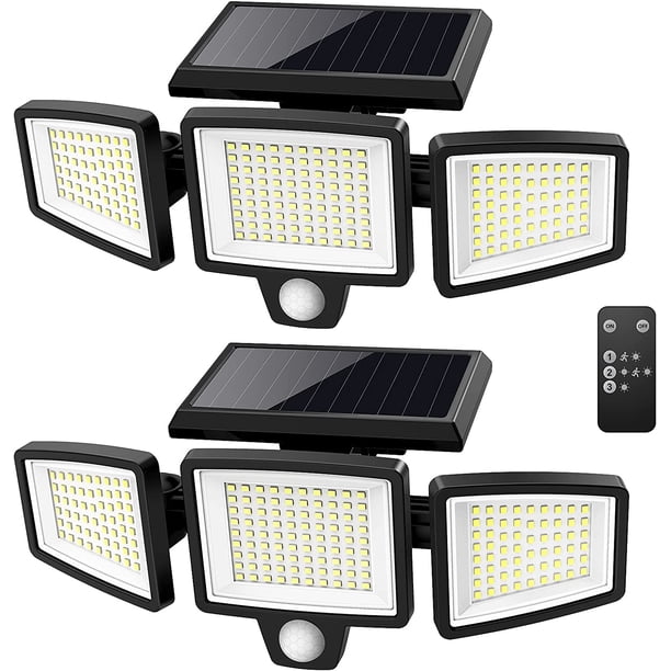 Tuffenough Luces solares para exteriores 2500 lm 210 luces LED de seguridad con control remoto, 3 cabezales de luces con sensor de movimiento, IP65 impermeable, luces de pared de gran angular de 270°