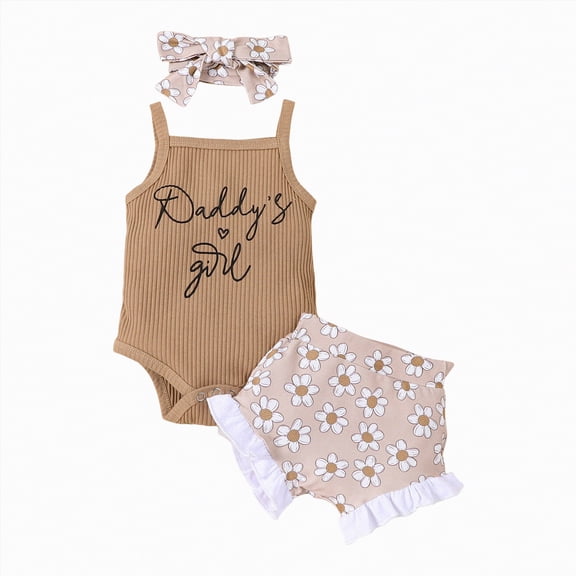 CAUYDY Infant Baby Girls Summer Outfit 3Pcs Set Toddler Clothes Ruffle Sleeve Romper Elastic Shorts Pretty Bow Headband for Newborn 3 6 9 12 18 Months (Sizes 0-3 Months,L4-Brown)