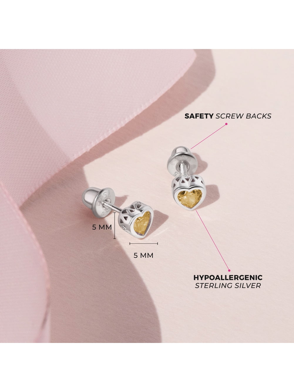 925 Sterling Silver Girls Simulated Citrine Birthstone Heart Screw Back Earrings