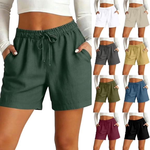 DHFJKG Womens Linen Shorts High Waist Casual Summer Loose Fit Drawstring Shorts With Pockets Beach Stylish Bottoms
