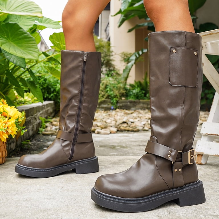 Xfvqtps Knee High Boots for Women Wide Calf Side Zipper Square Toe