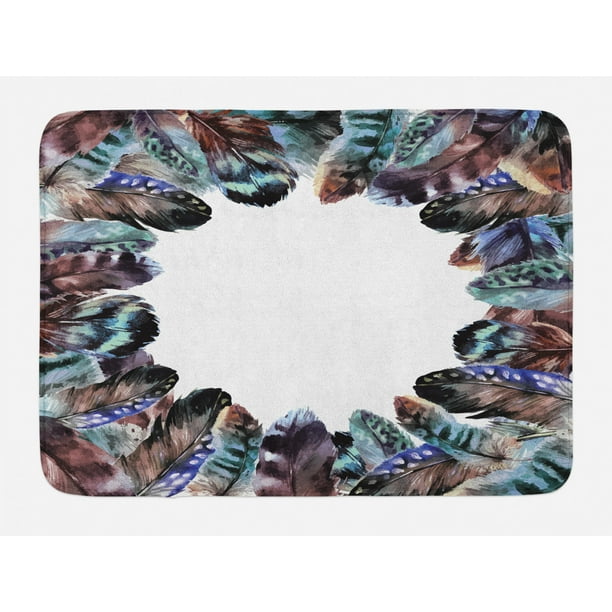 Boho Bath Mat, Boho Circle Round Frame with Shabby Ornate Feathers