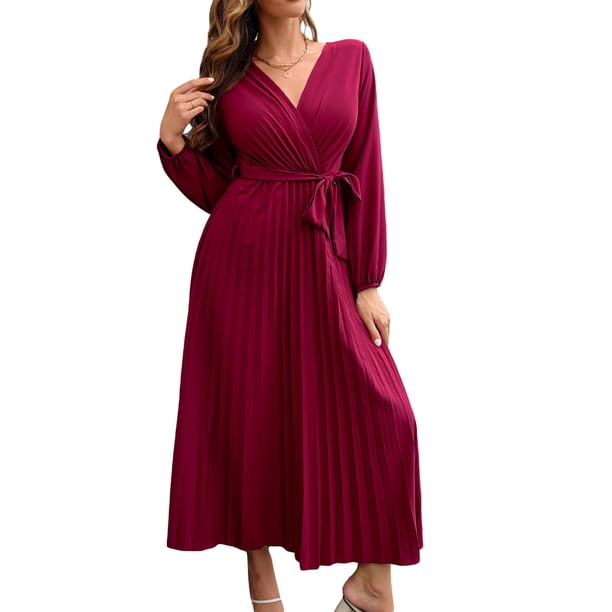 Sunloudy Vestido casual para mujer, cuello en V, manga larga, color sólido, cintura alta, plisado, vestidos largos con cinturón Sunloudy S M L XL