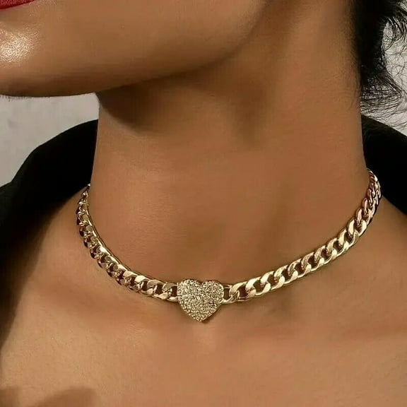 GKNET Golden Hip Hop Style Chunky Chain Love Heart Choker Inlaid Rhinestone Neck Gift-default