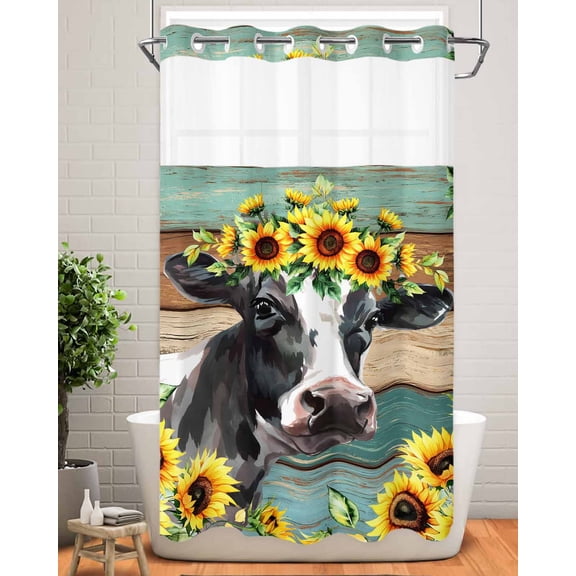 No Hook Shower Curtain with Snap in Liner,Farm Cow Sunflower Waterproof Bath Curtain Double Layers with See Through Top Window,Teal Brown Wood Board Hotel Shower Curtains 36x72in