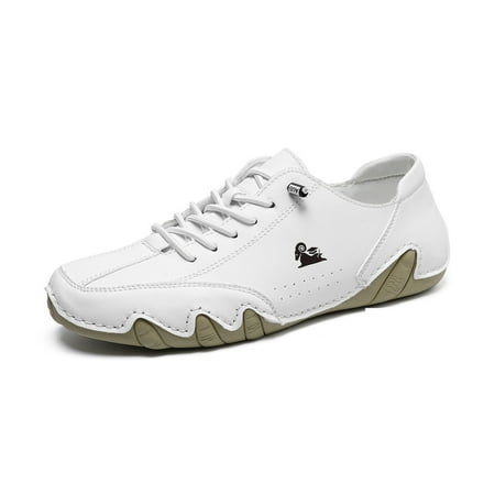 Men s Slip on Loafers Breathable Leather Shoes Fashion Lace up Casual Lightweight Sneakers Rubber 7 White