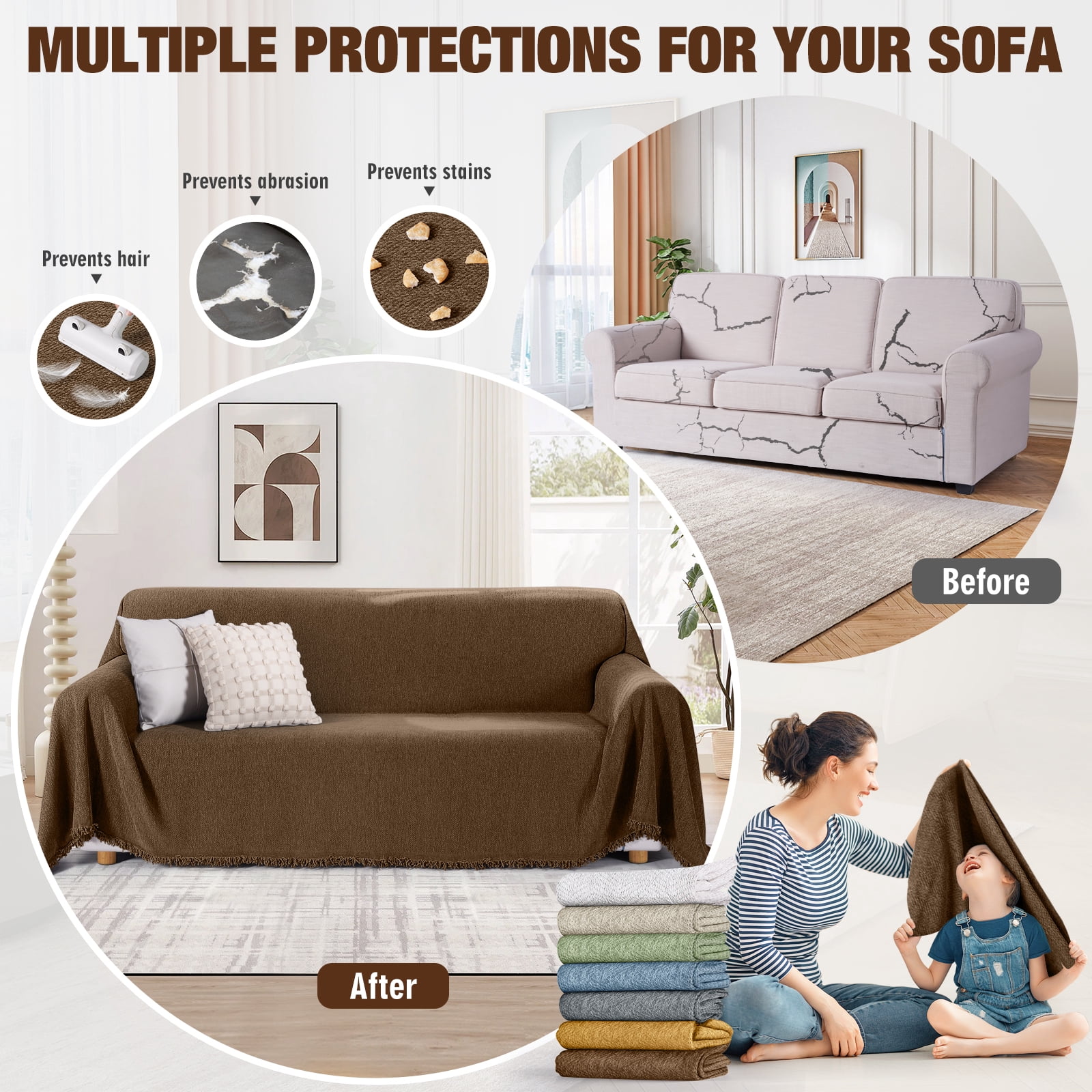 Timeles Couch Covers Washable Sofa Slipcovers with Tassels Sectional Couch Cover Soft Sofa Blanket Durable Furniture Protector for Kids Pets (71" x 134", Dark Coffee)
