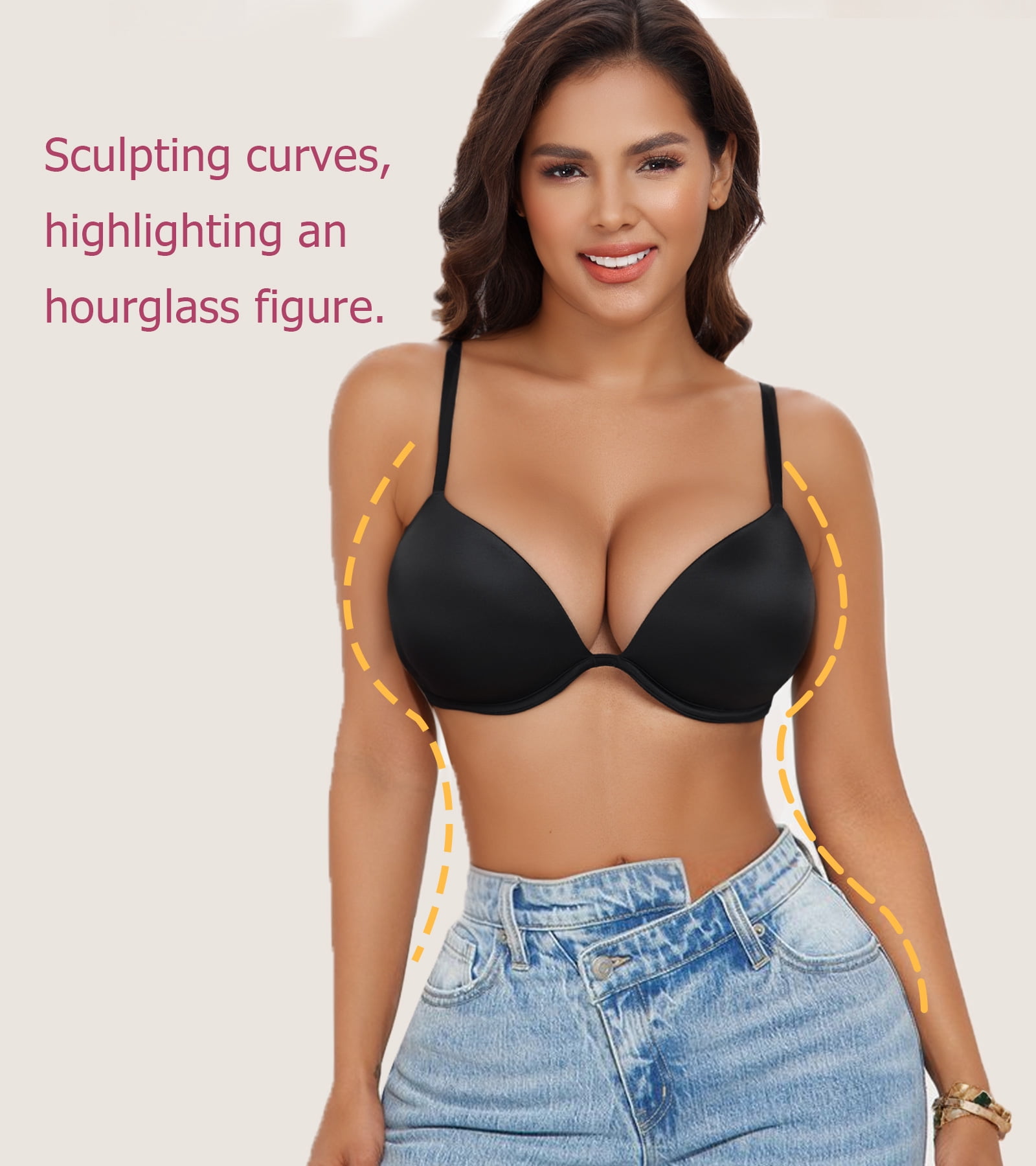 Exerin Women's Deep Plunge Low Cut Thick Padded Underwire Push Up Bra(40B,Black)