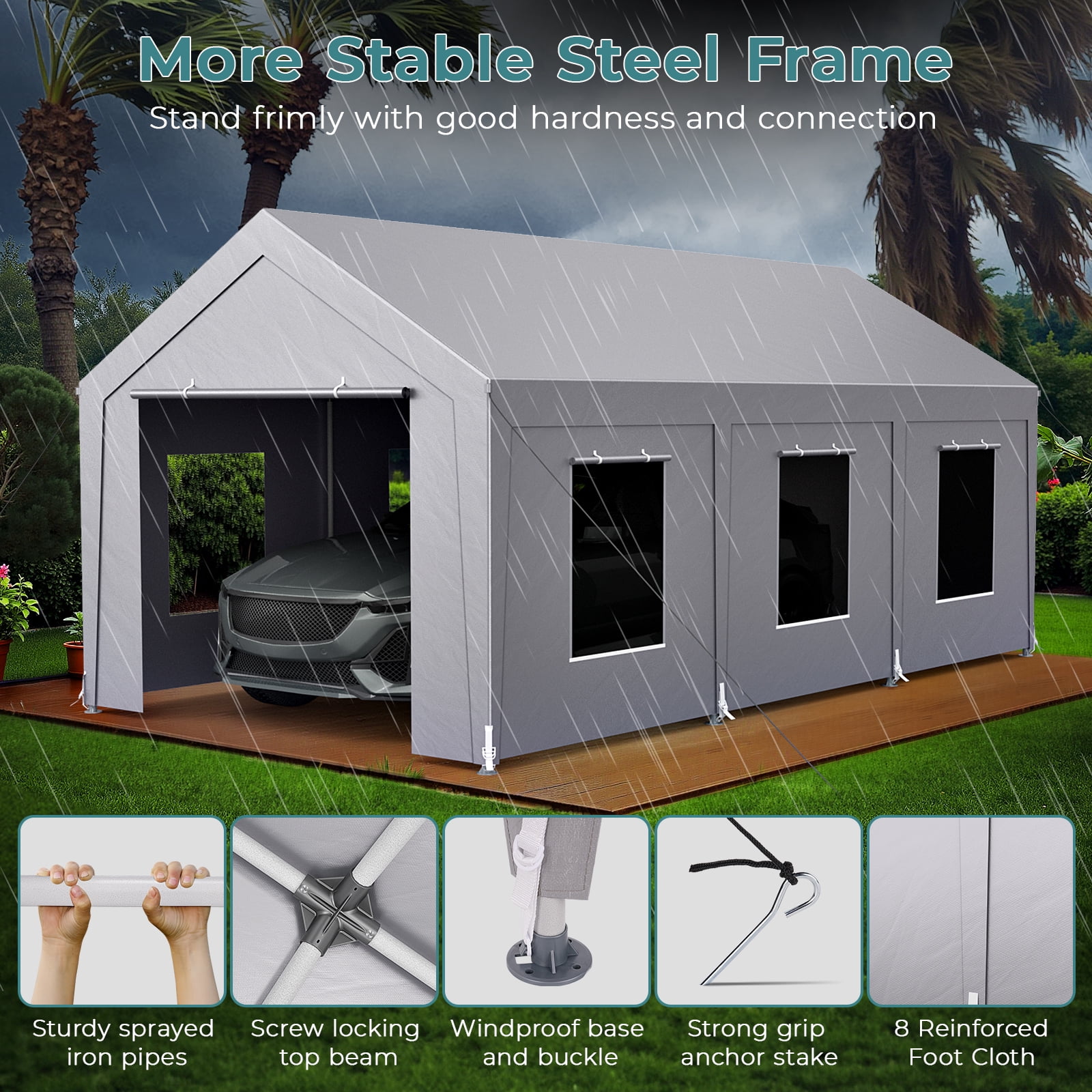 Vitarpatio 10x20 ft Carport Heavy Duty, Reinforced Metal Car Port Canopy Portable Garage Waterproof Car Tent with 6 Roll-up Windows, Door and Removable Sidewalls, Light Gray