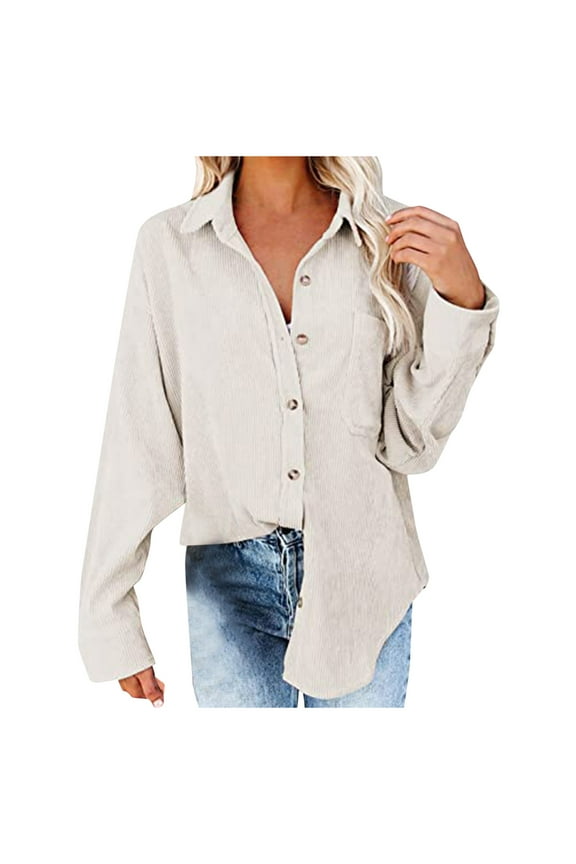 Blouses Button-Down Shirts for Women Long Sleeve Casual V Neck Corduroy95%polye Casual Blouse Coat Tops