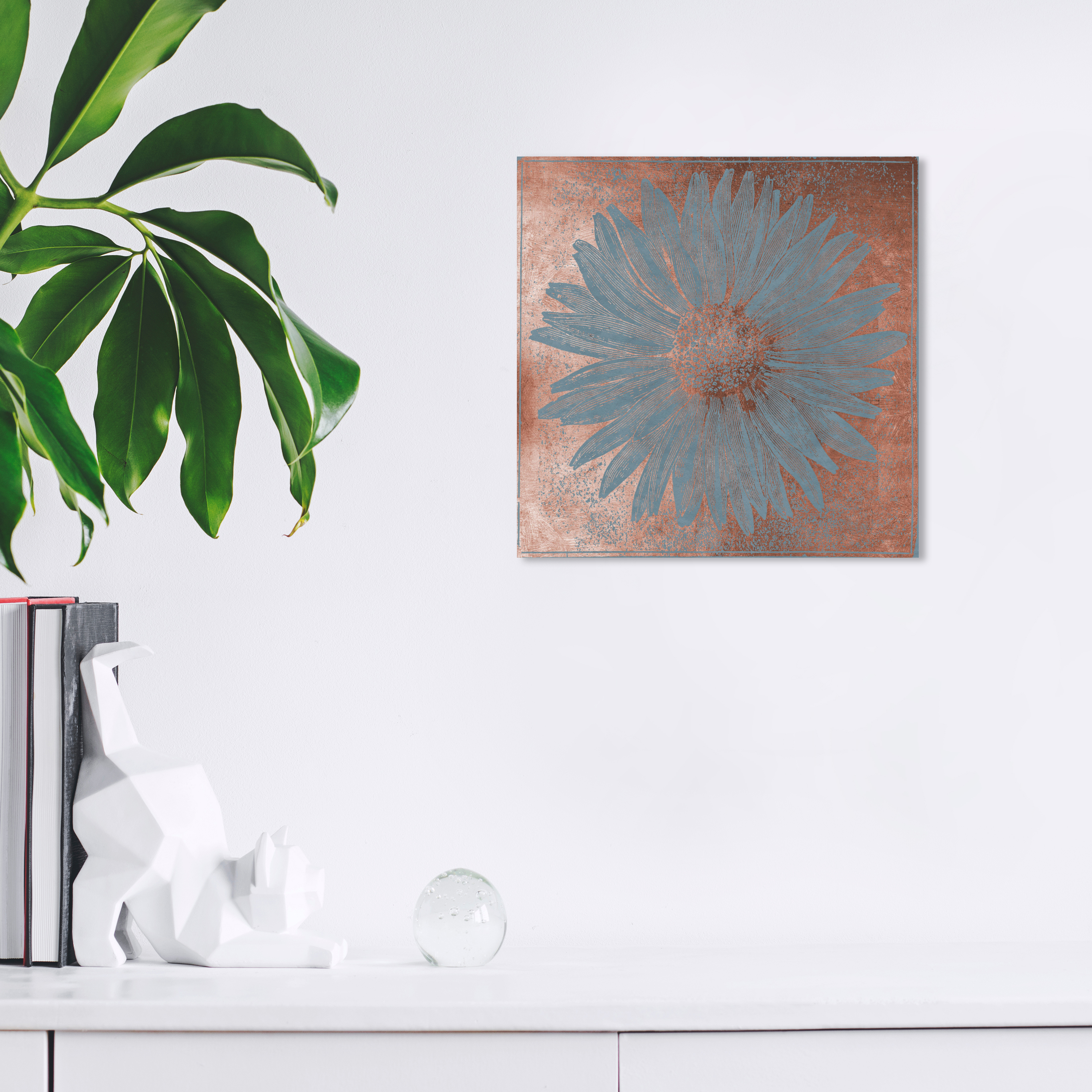Sunflower Woodblock Copper Floral and Botanical Wall Art Print Blue 12x12