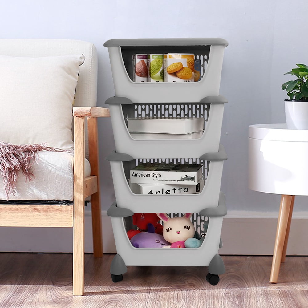 Cand 5-Pack Large Stackable Storage Bins, Stacking Baskets for Fruit, Vegetable, Toys, Grey