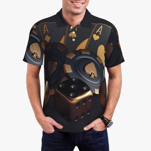 Gukieu Casino Cards Poker Print Men's Quick-drying POLO Shirt, Button-down Summer T-shirt, Suitable for Work and Outdoor Activities-Small