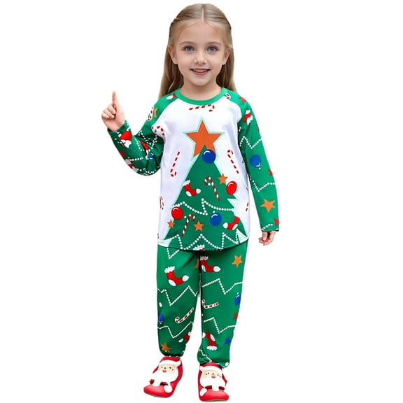 Ruiwill Girl Outfit Set Outfit Long Sleeve Pullover Sweater Pants Two Piece Holiday Party Wear Cozy Home Loungewear Crew Neck Print Girl Clothes Green Size 3-4 Years