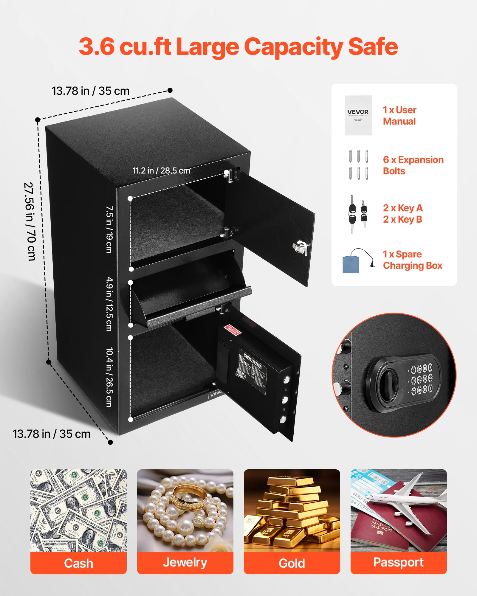 VEVOR 3.6 Cubic Feet Drop Safe,Large Capacity Front Drop Slot Safe Box with Digital Keypad, Heavy Duty 3 Tiers Cash Depository Box with Spare Keys for Cash, Bank Slip, Jewelry, Document, Bill, Black
