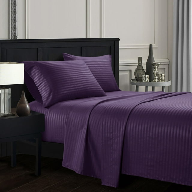 YYAO Queen Size Luxurious Striped Sheet Set for Home Hotel, 4 Piece, Purple