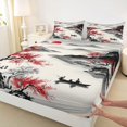 thumbnail image 5 of Manfei Ink Red Sun Mountain Full Size Sheets, Plum Blossom Boat Bed Sheets, Black Red White 4pcs, 1 Flat Sheet, 1 Fitted Sheet and 2 Pillowcases, 5 of 6