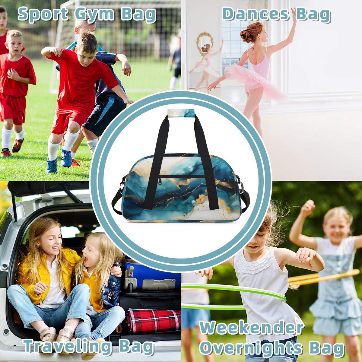 Herdesigns Sports Duffle Bags Travel Duffle Bag Gym Bag Turquoise Abstract Gold And Blue Marble Weekender Travel Bag Waterproof Overnight Bag Carry On Travel Tote Bag Dance Bags
