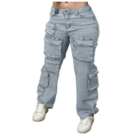 Mepaouo Women's High Waist Baggy Jeans Flap Pocket Cargo Pants Loose Denim Pants Streetwear(Blue,2XL)