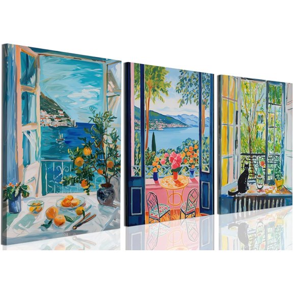 Hieng Matisse Blue Coastal View Wall Art Black Cat Flower Painting Wall Decor Vintage Open Window Landscape Canvas Poster Prints for Kitchen Living Room(Only canvas)